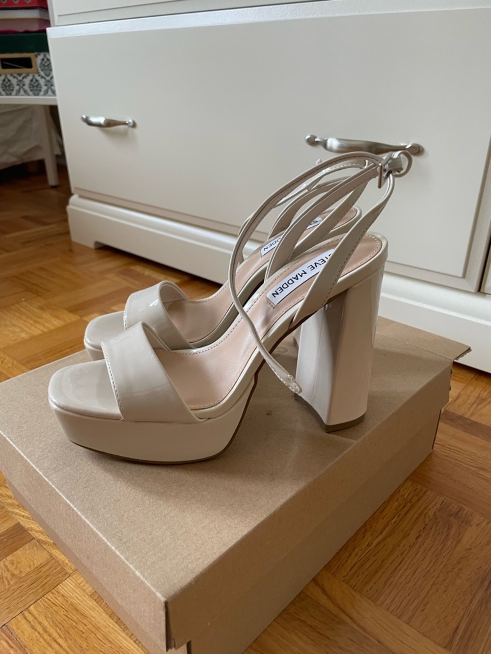 Steve Madden Patent Cream Platform Block Heel Sandals